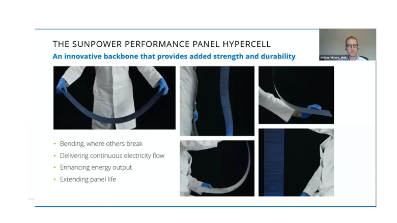 Hypercell: Maxeon uses conductive adhesive to connect cells with a slight overlap similar to roof shingles, resulting in a powerful and flexible string the company calls hypercell, enhancing the reliability aspects of the module.